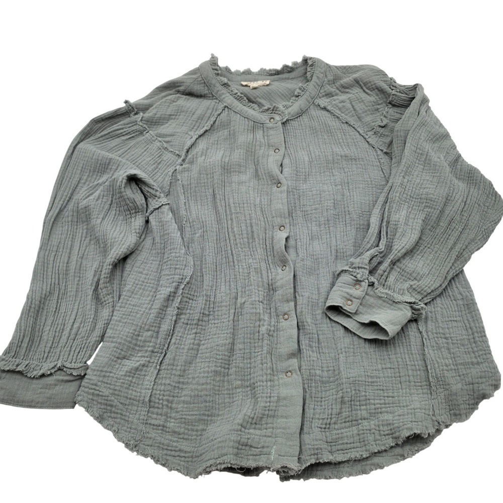 Casual‎ Dress Up Gauze Button Up Blouse Women Small Sage Green Raw Edge Boho Top